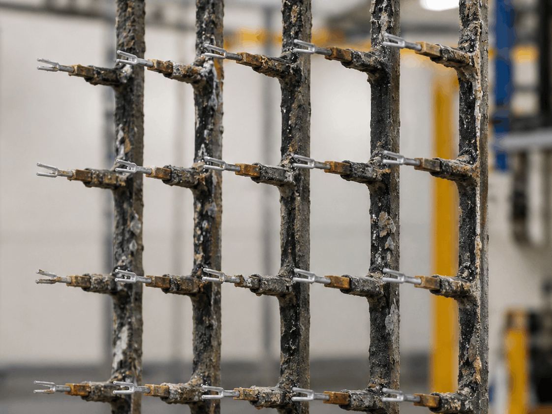 Powder coating rack with coating buildup before refurbishment